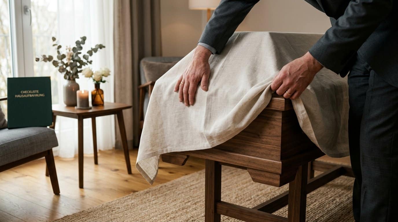 Bestatter bereitet Hausaufbahrung im Wohnzimmer der Familie vor