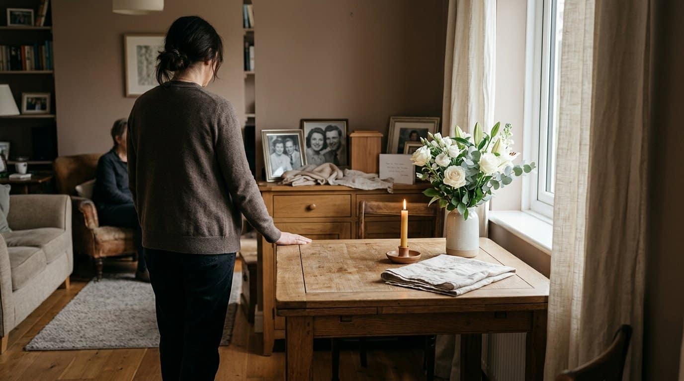 Wohnzimmer als Ort der Trauerfeier mit Kerzen und Blumen zuhause gestaltet